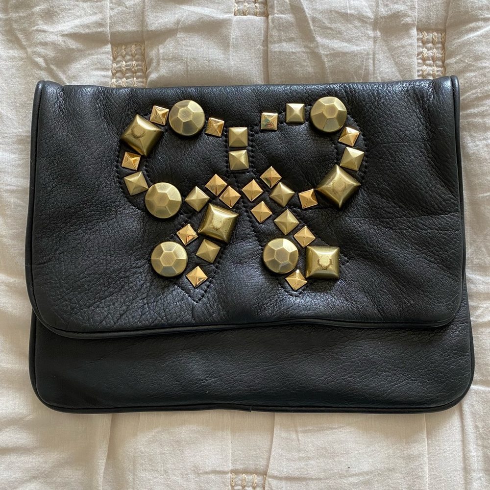 Felix Ray Black Leather Clutch with Gold Studs